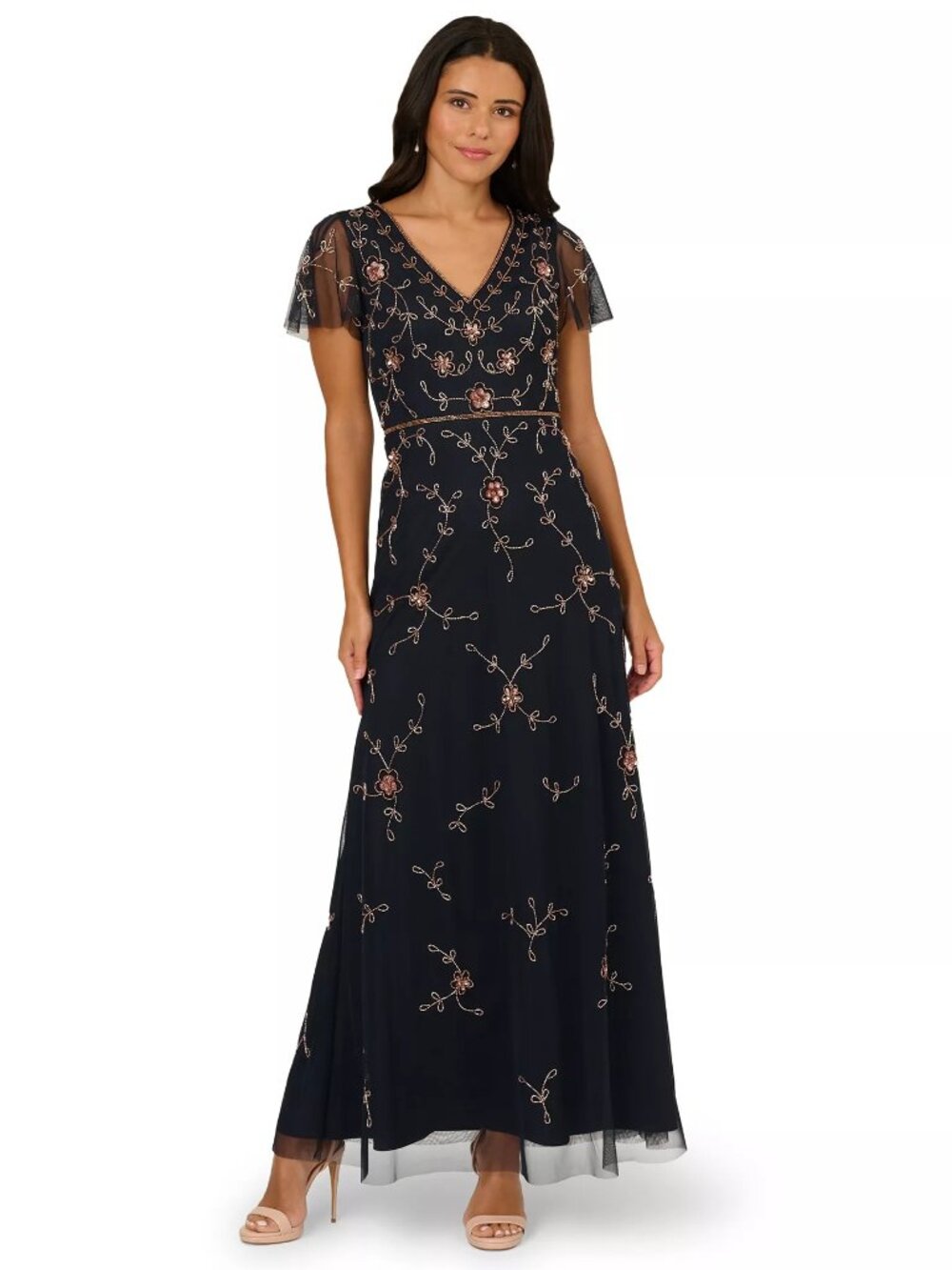 Adrianna Papell Women's Beaded V-Neck Long Dress  Size 12